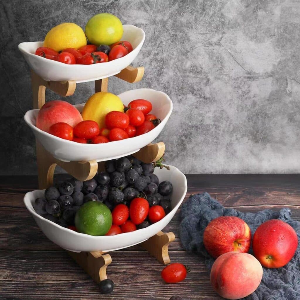 A tiered fruit holder is perfect to add to your spring decorations