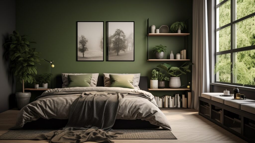 Japandi style bedroom with pops of green and warm wood tones. Low profile bed. Japandi Furniture.