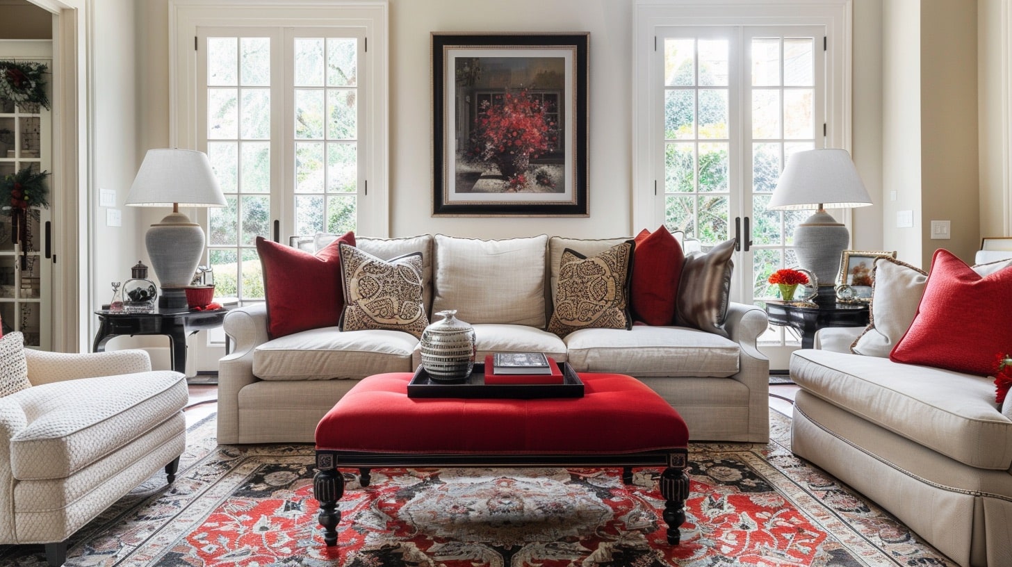 Unexpected red theory in this beautiful neutral living room with pops of red.