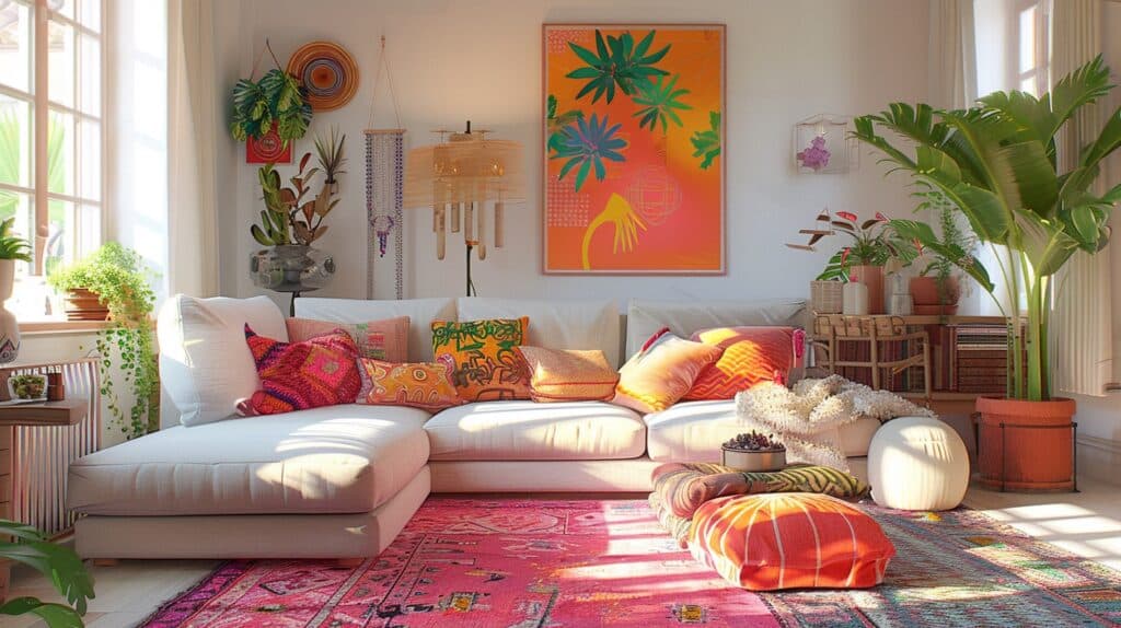 A beautiful living room with vibrant colors. Example of dopamine decor.