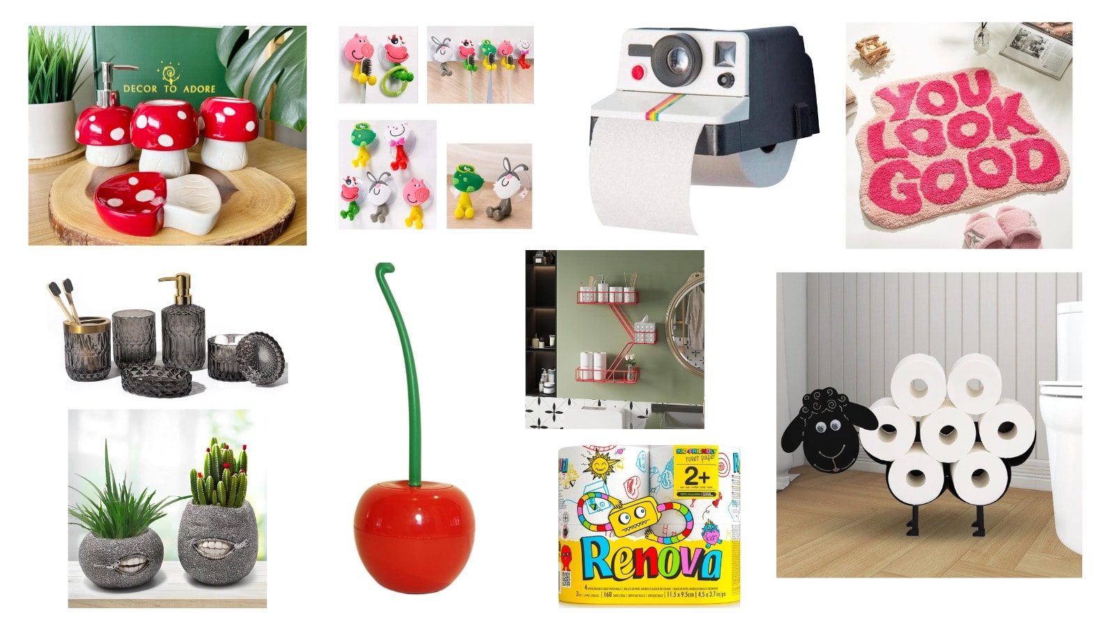 A collage of funky bathroom accessories