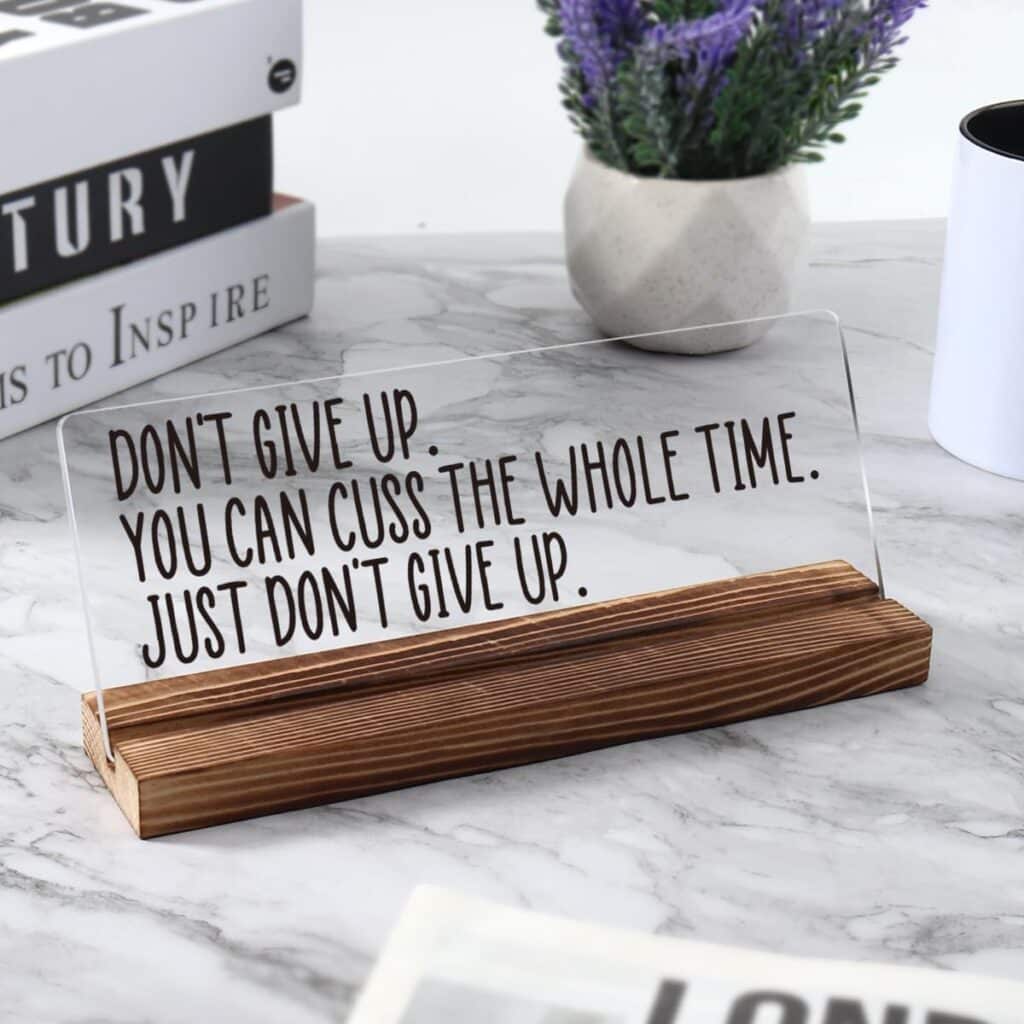 A sign that says "don't give up. You can cuss the whole time. just don't give up". Bizarre Desk decorations