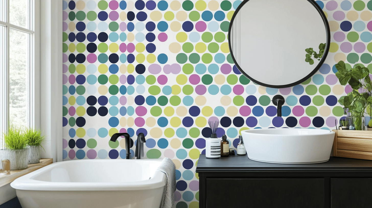 A pretty bathroom with colorful bathroom decor