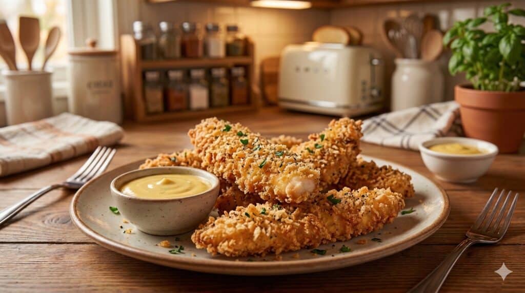 Chicken tenders on a plate. One of the low calorie air fryer recipes.